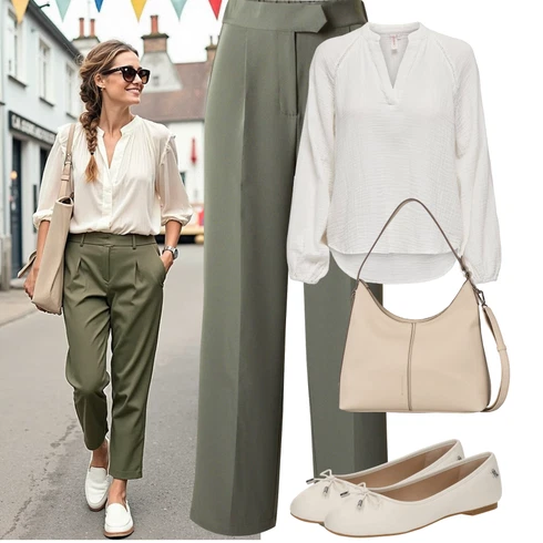 Kombinace Khaki/Zelená/Tmavě zelená Business Kalhoty/Obleková Kalhoty/Kalhoty s Vysokým Pasem/Mušelínové kalhoty/Kalhoty se Štěrbinou/Paperbag Kalhoty/Plisovaná kalhoty/Široká Kalhoty/Plisovaná Kalhoty About You kombinovat s Krémová/Khaki/Šedá/Bílá/Světle zelená/Béžová Lněná Halenka/Dětská hračka/Carmen Blůza/Oversize Muselínová Blůza Only