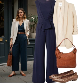 Maxi Outfit s Tmavě modrá Letní overall/Elegantní overal/Plisovaný overal/Svatební kombinéza/Overal se širokými nohavicemi Vera Mont "Jarní outfit"