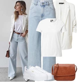 Old Money Outfit s Světle modrá Džíny Džín s Širokou Nohavicí/Vintage Džíny/High Waist Džínové Kalhoty/Džíny Volného Střihu/Kožená Pánská Bund/Mom Jean/Dad Džíny/Plisované Džíny/Baggy Džíny/Džíny Culottes Edited "Jarní outfit"Look: 90tá léta, Univerzitní, Old Money