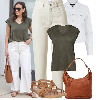 Koncer Outfit sa Bijela/Krem Nekategorizirano Pieces, Bež/Kaki rupa hlača/Naborane hlače/Hlača od Kepera/Paperbag Hlača/Hlače s Prorezom/Boyfriend Hlače/Ravna Hlača/Hlače Visokog Struka/Hlače od muslina/Samt Hlače Armedangels, Tamnozelena/Kaki Majica I Top Veći Broj/Bluza Veći Broj/Tunika Pieces, Bež/Smeđa/Žuta Ribarska sandala/Gladijator sandala/Rimska sandala/Sandala s Remenčićem/Dianette Sandala/Sandala s T Remenom/Vintage sandala About You "Jarní outfit"Look: Koncer, Škola, dan na plaži, Majčin dan, Brvnare, Rođendan, 18. rođendan, 30. rođendan, Fašnik, Festival, Ibiza, Malle