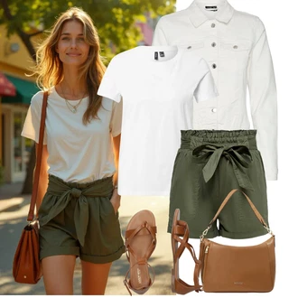 Outfit s Tmavě zelená/Khaki Košile Papírové Šortky Only "Jarní outfit"