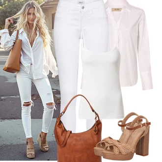Kombinacije za ljeto Prekrasan sa Bijela/Smeđa/Crna Hlača Velika Veličina/Bluza i Tunika Only "Jarní outfit"Look: Boja, Rap, Talijanski, Prekrasan, Španjolske, Francuske, Mom, Vanjski, Western, Stil, Pomorski, cool