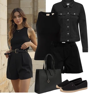 Malle Outfit s Černá Vysoký pas kraťasy/Chino kraťasy/Bermuda/Mušelínové Šortky/Papírové Šortky/Šortky/Lněný kraťas/Pytlovitý Šortky Object, Černá/Červená/Bílá Pouzdro/Přívěsek/Collier/Klíčenka/Přívěsek na klíče/Sportovní doplněk About You "Jarní outfit"Look: Bar, Škola, Den na pláži, Koncert, Festival, Coachella, Malle, Pohřeb, Galavečer, Nový Rok