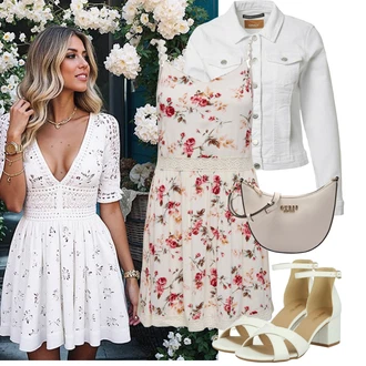 Letadlo Outfit s Hnědá/Bílá/Krémová Sandál Na Podpatku/Sandál s podpatkem/Sandál Na Širokém Podpatku About You "Jarní outfit"