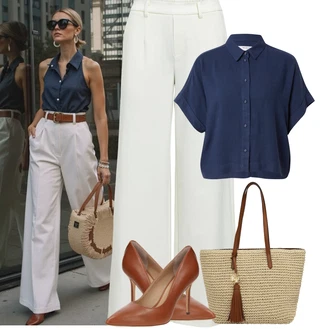 Maxi Outfit s Krémová/Šedá/Světle zelená/Khaki/Bílá/Béžová Široká Kalhoty/Palazzo Kalhoty/Kalhoty s Vysokým Pasem/Culotte Kalhoty/Kalhoty se Štěrbinou/Marlene Kalhoty Object "Jarní outfit"