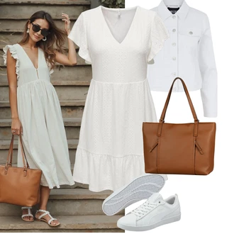 Výstřih kolem krku Outfit s Bílá/Krémová Bavlněné Šaty/Halenkové Šaty/Tunikové šaty/Šaty Niki/Letní Šaty/Volánové šaty/Mušelínové šaty/Občanské šaty Only "Jarní outfit"