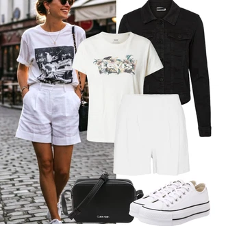Outfit s Bílá/Krémová Košile Vysoký pas Kraťasy/Lněný kraťas/Mušelínové Šortky/Šortky/Pytlovitý Šortky VERO MODA "Jarní outfit"
