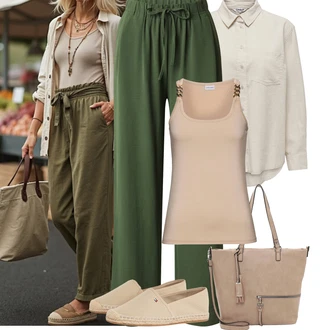 Maxi Outfit s Tmavě zelená/Khaki/Zelená Baggy Kalhoty/Plážová Kalhoty/Mušelínové kalhoty/Palazzo Kalhoty/Paperbag Kalhoty/Plisovaná Kalhoty/Plisovaná kalhoty/Relaxační kalhoty/Slinky Kalhoty/Navlékací Kalhoty/Tradiční Kalhoty About You "Jarní outfit"