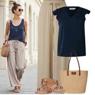 Maxi Outfit s Khaki/Béžová Široká Kalhoty/Plážová Kalhoty/Slinky Kalhoty/Paperbag Kalhoty/Palazzo Kalhoty/Mušelínové kalhoty/Lněné Kalhoty/Tradiční Kalhoty Leger by Lena Gercke "Jarní outfit"