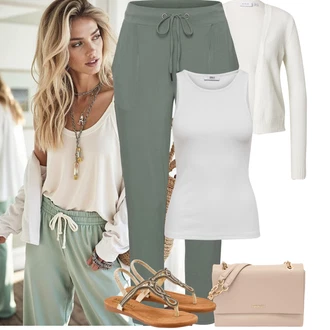 Kombinacije za ljeto Prekrasan sa Tamnozelena/Zeleno/Svjetlozelena/Kaki Pidžama Hlače/Nicki kućno odijelo Lascana "Jarní outfit"Look: Pametno ležerno, cool, Prekrasan, Vanjski, Unisex, Ležerno