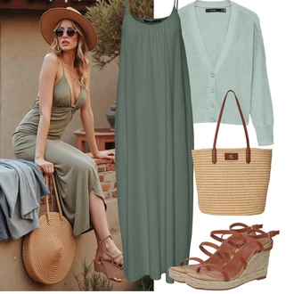 Outfit s Tmavě zelená/Zelená Nadměrná velikost šatů/Dlouhé Saténové šaty/Maxi Šaty/Šaty s výstřihem/Šaty na tenké ramínko/Šaty Na Ramínko/Dlouhé Šaty/Dlouhé Letní Šaty VERO MODA "Jarní outfit"