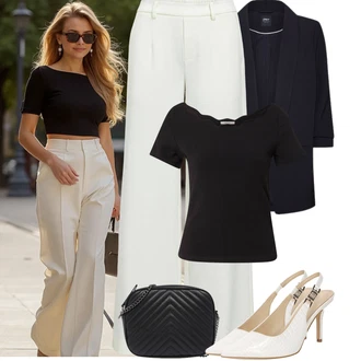 Festival Outfit s Krémová/Šedá/Světle zelená/Khaki/Bílá/Béžová Široká Kalhoty/Palazzo Kalhoty/Kalhoty s Vysokým Pasem/Culotte Kalhoty/Kalhoty se Štěrbinou/Marlene Kalhoty Object "Jarní outfit"Look: Bar, Den na pláži, Koncert, Chatky, Festival, Škola