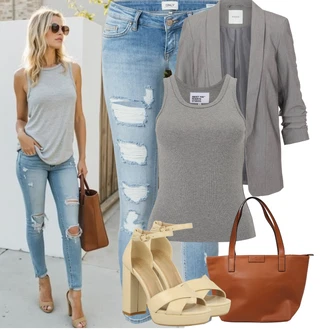 Denim/Traper Outfit sa Svjetloplava/Plava Kožna Jakna/Kožne jakne/Traperica Niskog Struka/Čizma do Gležnja/Traperice s Rupom/Push-up Traperice/Traperice s Prorezom Only "Jarní outfit"