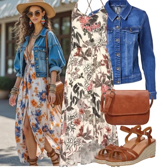 Maxi Outfit s Bílá/Béžová/Hnědá Květinové Šaty/Midi Šaty/Šaty S Potiskem/Šaty Bez Rukávů Lascana "Jarní outfit"