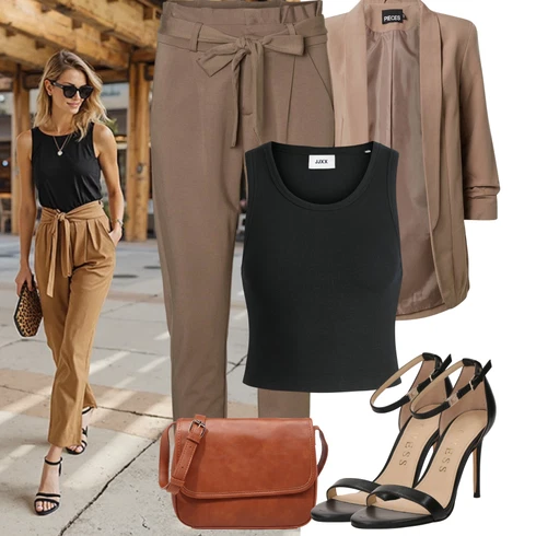 Kombinace Hnědá/Khaki/Béžová Paperbag Kalhoty/Ležérní Kalhoty/Mušelínové Kalhoty VERO MODA kombinovat s Černá Krátký Top/Tílko s ořezem/Halenka Bez Rukávů jjxx