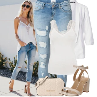 Kombinacije za bucmaste Matični ured sa Bijela/Krem Majica I Top Veći Broj/Žensko donje rublje i kupaći kostimi/Bluza Veći Broj/Tunika/Pletivo Veći Broj Pieces "Jarní outfit"Look: Bar, Koncer, Majčin dan, Vjenčanje, Rođendan, dan na plaži, Matični ured, Krštenje, Opera, Brvnare, Valentinovo, 40. rođendan