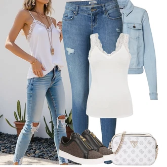 Outfit s Bílá/Krémová Krajkované tričko/Krajkový Top/Halenka Bez Rukávů Pieces "Jarní outfit"