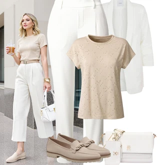 Outfit sa Bež/Bijela/Smeđa/Kaki Majica kratkih rukava/Majica za plažu/Top za plažu/Tunika za Plažu/Pulover za plažu/pletena košulja/Majica s mrežicom linea tesini by heine "Jarní outfit"
