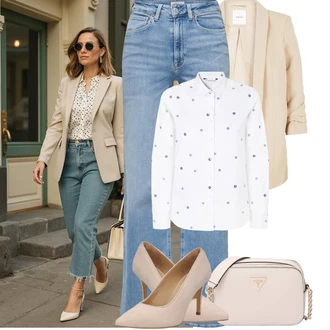 Maxi Outfit s Světle modrá Džín s Širokou Nohavicí/Dámské Džíny s Délkou 7/8/Zkrácené Džíny/Vintage džíny/Džíny Volného Střihu/Dad Džíny/Pánské tričko/Džíny s Rozparkem/Zvonové Džíny/Džíny Culottes Only "Jarní outfit"