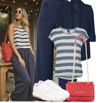 Festival Outfit s Tmavě modrá Rozšířená Kalhoty/Marlene Kalhoty/Plisovaná Kalhoty/Kalhoty se Štěrbinou/Culotte Kalhoty/Slinky Kalhoty/Mušelínové Kalhoty/Palazzo Kalhoty JdY "Jarní outfit"Look: Bar, Banka, Den na pláži, Koncert, Chatky, Elektro, Festival, Škola