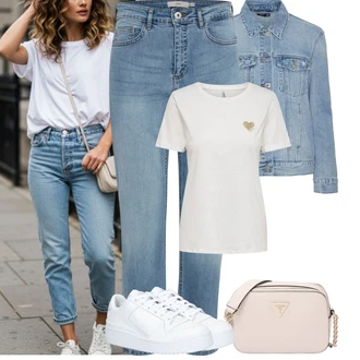 Kombinacije za zabavu Denim/Traper sa Svjetloplava/Plava Kratka Traper Jakna/Traper Jakna VERO MODA, Svjetloplava/Plava Slip-on Traperice/Girlfriend Traperice/Ženske Traperice 7/8 Dužine/Skraćene Traperice/Boyfriend Jeans/Capri Traperice Ichi "Jarní outfit"