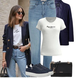 Outfity pro jaro Ležérní s Modrá/Tmavě modrá/Světle modrá Nízká Teniska/Teniska s dírkovaným vzorem/Letní tenisky/Teniska na platformě/Úzká teniska/Tenisky s Bočním Zipem/Kožené tenisky Tamaris "Jarní outfit"Look: Bad Taste, Ležérní, Cool, Skater, Chytrý příležitostný, Sportovní, Unisex