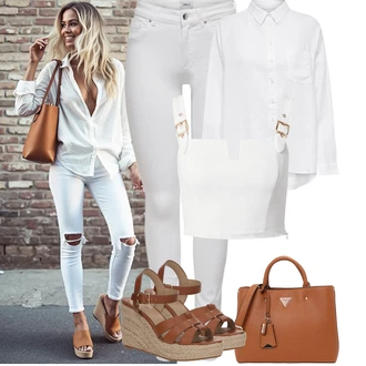 Outfit s Bílá/Krémová Halenka se Stojatým Límcem/Oversize Muselínová Blůza/Žehlení odolná blůza/Businessová Halenka/Oversize Halenka/Halenka s Dlouhým Rukávem/Blůza s knoflíčkem/Slip-on Halenka/Halenkové Body/Lněná Halenka Only "Jarní outfit"