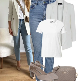Outfit s Modrá/Světle Modrá Kotníková Bota/Zkrácené Džíny/Girlfriend Džíny/High Waist Džínové Kalhoty/Džíny s Rozparkem/Mom Jean/Zužující se Džíny/Kožená Pánská Bund/Zimní bunda Only "Jarní outfit"