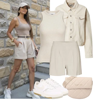 Krátká Outfit s Bílá/Béžová/Krémová/Khaki/Modrá Vintage Teniska/Letní Tenisky/Nízká Teniska/Teniska s dírkovaným vzorem/Úzká Teniska/Skate Bota/Kožené Tenisky Nike Sportswear "Jarní outfit"