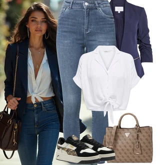 Outfit s Tmavě modrá/Modrá Kožená bunda/High Waist Džínové Kalhoty/Push up Džín/Džíny s Rozparkem/Termální Džíny/Kožené Boty/Zimní bunda/Navlékací džíny/Motorkářské Džíny/Kotníková Bota Only "Jarní outfit"