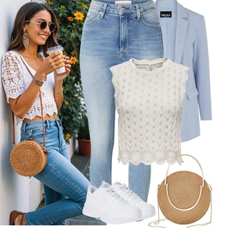 Outfit sa Svjetloplava/Plava Kožna Jakna/High Waist Traperice/Muška Kožna Jakna/Čizma do Gležnja/Capri Traperice/Skraćene Traperice/Slip-on Traperice/Ženske Traperice 7/8 Dužine/Push-up Traperice/Traperice s Prorezom Calvin Klein Jeans "Jarní outfit"