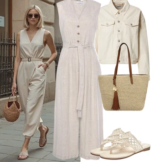 Vanjski Outfit sa Bež/Kaki Održiva jakna/Gajtana Jakna/Ljetna jakna/Crop Jakna/Kratka Jakna/Kratka Traper Jakna/Vintage Jakna about you x marie von behrens, Krem/Bež/Bijela Ljetna Cipela/Pletena Sandala/Dianette Sandala/Sandala Udobna Lascana "Jarní outfit"Look: Retro, Sveučilišna, Prevelik, Radna odjeća, Vanjski, Etno, Boho, Hippie, Atraktivan, Talijanski, cool