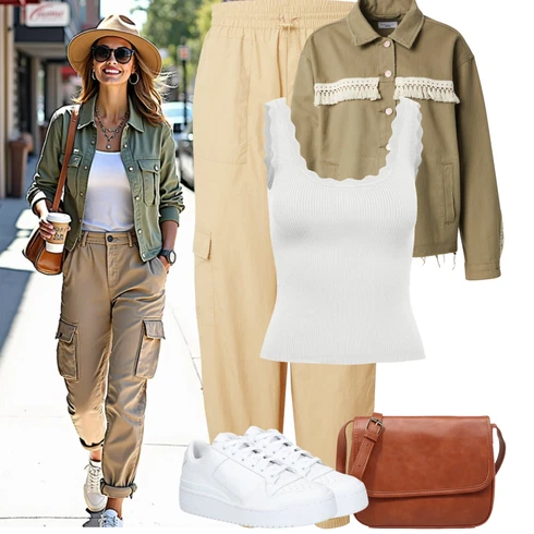 Kombinace Khaki/Béžová Cargo Kalhoty/Cargo Tepláky/Lněné Kalhoty/Mušelínové kalhoty/Tradiční Kalhoty/Baggy Kalhoty/Mrkvová Kalhoty/Padáková Kalhoty About You