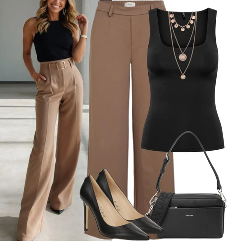 Kombinace Béžová/Hnědá/Khaki Zimní Kalhoty/Kalhoty Bootcut/Kalhoty s Vysokým Pasem/Boyfriend Kalhoty/Twillová Kalhoty/Ležérní Kalhoty/Mušelínové Kalhoty/Marlene Kalhoty/Kalhoty se Štěrbinou Object kombinovat s Černá Top Tílko/Halenka Bez Rukávů/Tričko s grafikou/Top bez ramínek Only