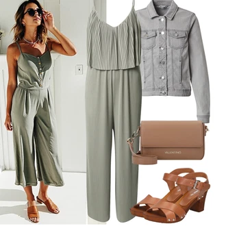 Outfit s Šedá/Světle šedá/Zelená/Tmavě Zelená/Hnědá/Světle Zelená/Béžová/Khaki Letní Overall/Overal s půlkulatým výstřihem/Elegantní Overal About You "Jarní outfit"