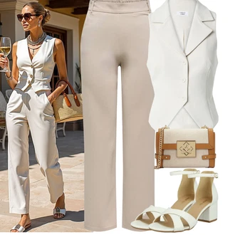 Outfity pro jaro Old Money s Hnědá/Bílá/Krémová Sandál Na Podpatku/Sandál s podpatkem/Sandál Na Širokém Podpatku About You "Jarní outfit"Look: Šik, Cool, Elegantní, Old Money