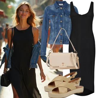 Rockový Koncert Outfit s Béžová Espadrille sandál/Platform Sandal/Sandál se třpytkami/Pohodlný Sandál/Římská sandála/Letní Bota/Přezková bota bayton "Krásný letní vzhled"Look: Blokování barev, Ležérní, Šik, Cool, S Metall, Nadrozměrné, Rockový, Unisex, Bar, Den na pláži, Koncert, Festival, Škola, Malle, 30. narozeniny