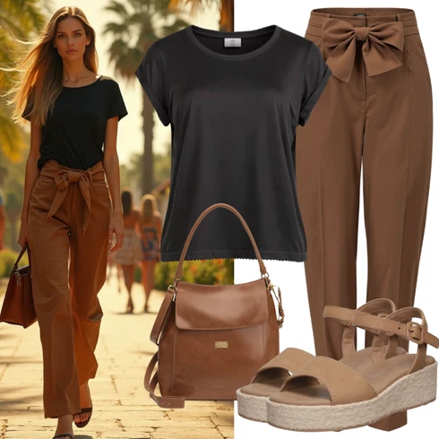 Kombinace Léto Khaki/Hnědá/Tmavě hnědá/Oranžová Široká Kalhoty/Marlene Kalhoty/Paperbag Kalhoty/Mušelínové kalhoty/Kalhoty s Vysokým Pasem/Kalhoty se Štěrbinou/Twillová Kalhoty/Obleková Kalhoty bella x about you