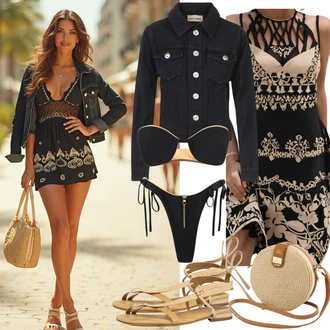 Outfity pro léto Měkké s Černá Krajkový set spodního prádla/Sada kalhotek podprsenky/Korzetové prádlo/Korselet/Krajkový Body/Korzet/Korzet pod prsa PETITE FLEUR "Krásný letní vzhled"