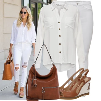 Chytrý příležitostný Outfit s Šedá/Krémová/Bílá/Khaki Halenka Blůza s knoflíčkem/Halenka s Dlouhým Rukávem/Blůza s nášivkou na lokti Only "Skvělý pro volný čas"Look: Klasické, Styl, Ležérní, Kancelář, Old Money, Chytrý příležitostný, Univerzitní, Pracovní oděvy