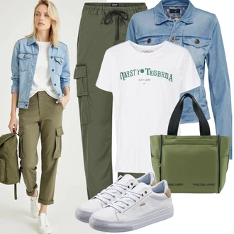 Velike velikosti outfit mit Temno zelena Baggy Hlače/Cargo Hlače/Cargo trenirke/Hlače z Visokim Pasom/Jogger Hlača/Paperbag Hlača/Padalska Hlača/Moška Usnjena Jakna/Zimska Hlača madmext, Modra/Svetlo modra Denim Jakna/Vintage Jakna/Kratka Denim Jakna answear lab "Lep outfit"