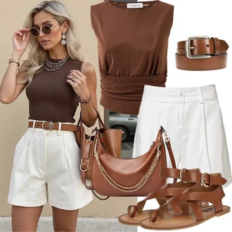 Outfit s Bílá/Krémová Košile Lněný kraťas/Šortky/Chino Kraťasy/Mušelínové Šortky/Vysoký pas Kraťasy/Bermuda/Papírové Šortky United Colors of Benetton "Letní módní outfit pro ženy"