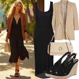 Outfit s Černá Žerzejové Šaty/Šaty v Délce do Lýtka/Dlouhé pletené šaty/Šaty S Rovným Střihem/Asymetrické Šaty/Šaty s Holým Zády/Midi Šaty/Šaty s Rozparkem Edited "Letní módní outfit pro ženy"