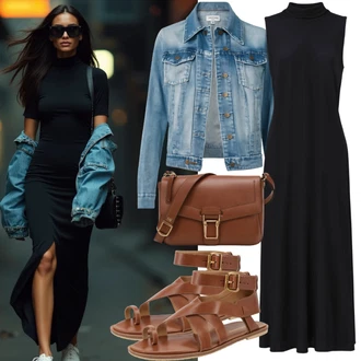 Boho Outfit s Černá Žerzejové Šaty/Šaty Bez Rukávů/Dlouhé pletené šaty/Šaty Niki/Bavlněné Šaty/Šaty v Délce do Lýtka/Dlouhé Letní Šaty/Midi Šaty/Mullet šaty About You "Letní vzhled pro každodenní nošení"Look: Babydoll, Boho, Hippie, Moderní, Mom, Příliš oblečený, Nadrozměrné, Univerzitní, Old Money, Extravagantní