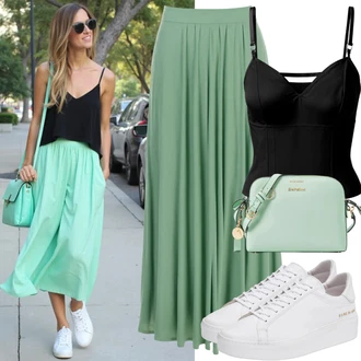 Outfit s Zelená/Žlutá/Světle zelená/Vícebarevný Dlouhá Sukně/Pletená sukně/Sukně s potiskem/60tého Léta Sukně/Sukně Pro Matriku/Maxi sukně/Slavnostní Maxi sukně/Vintage sukně maxi/90tá Léta Sukně bershka "Letní vzhled pro módní ženy"
