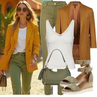 Malle Outfit s Zelená/Světle zelená Sandál Na Širokém Podpatku/Dřevák/Pantofel na Podpatku/Korkový dřevák a pantofle/Korkový sandál na klínku/Sandál Na Podpatku/Klasická Pantofle/Platform Sandal/Sandál s podpatkem/Letní Bota/Vintage sandál/Dřevěný dřevák Lascana, Tmavě zelená/Khaki Taška/Klasická Taška Přes Rameno/Dopisová peněženka/Vojenská Taška/Malá Taška/Brašna/Sportovní Taška Přes Rameno les visionnaires "Letní vzhled pro módní ženy"Look: Bar, Den na pláži, Koncert, Chatky, Den matek, Malle, Festival, 30. narozeniny