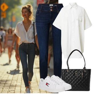 Old Money Outfit s Tmavě modrá/Světle modrá Džíny Džín s Nízkým Pasem/Slim Fit Džíny/Dámské Džíny s Délkou 7/8/Termální Džíny/Kožené Boty/Džíny s Nízkým Sedem/Kožená bunda/Kožená Pánská Bund/Push up Džín/High Waist Džínové Kalhoty/Zimní bunda Pulz Jeans "Outfit na léto"Look: Ležérní, Cool, Elegantní, Francouzské, Krásný, Old Money, Chytrý příležitostný