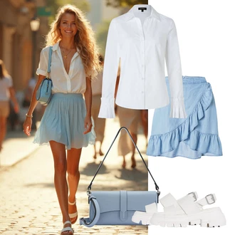 Outfity se stylem 80tá léta s Světle modrá/Modrá Korejská Sukně/Džínová Sukně/Italská Sukně/Vázací Sukně/Unisex Sukně/90tá Léta Sukně/Džínová vintage sukně/Sukně Vrstevná/Moderní Sukně/80tého Léta Sukně/Zavinovací Sukně B.young "Lehký outfit"Look: Lehký, Emo, Babydoll, Cool, Krásný, Příliš oblečený, Univerzitní, Retro, 80tá léta
