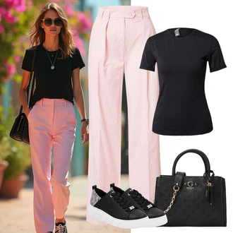 Maxi Outfit s Růžová Kalhoty s nášivkou uprostřed/Kalhoty se Štěrbinou/Plisovaná Kalhoty/Plisovaná kalhoty/Marlene Kalhoty/Obleková Kalhoty/Kalhoty s Vysokým Pasem/Mušelínové kalhoty Nasty Gal "Outfit na léto"