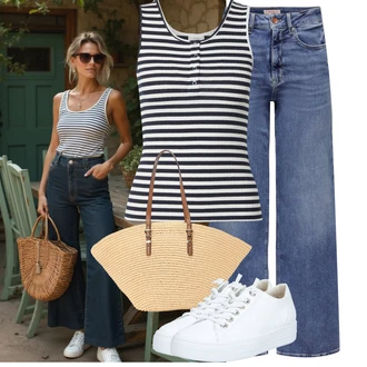 Koncer Outfit sa Svjetloplava/Plava rupa hlača/Široka Hlača/Zvonaste Hlače/Hlače sa Naramenicama/Boyfriend Hlače/Hlače s Prorezom/Hlače Visokog Struka/Bootcut Hlača Only, Krem/Bijela Tenisice s patentnim zatvaračem sa strane/Tanka tenisica/Platnena tenisica/Kožna tenisica/Niska Tenisica Paul Green "Lijepi ljetni look"Look: Koncer, Vjenčanje, Potvrda, Škola